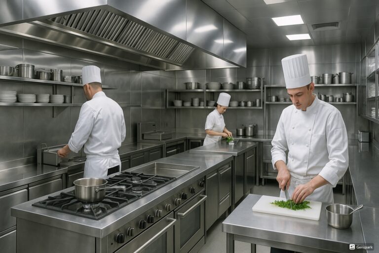 Modernt professionellt restaurangkök med vacker rostfri inredning, blanka rostfria arbetsytor, väggpaneler, hyllsystem och kockar som arbetar vid rostfria bänkar