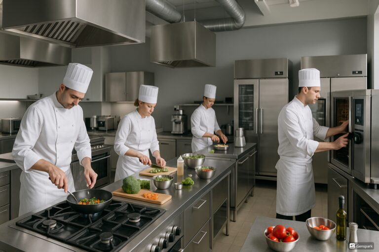 Professionella kockar i vita uniformer arbetar med modern storköksutrustning i organiserat restaurangkök med industrispis, ugnar och rostfria arbetsytor